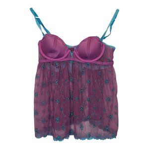 Victoria's Secret Sexy Little Things Baby Doll Purple Mesh Sheer Floral Size 34B